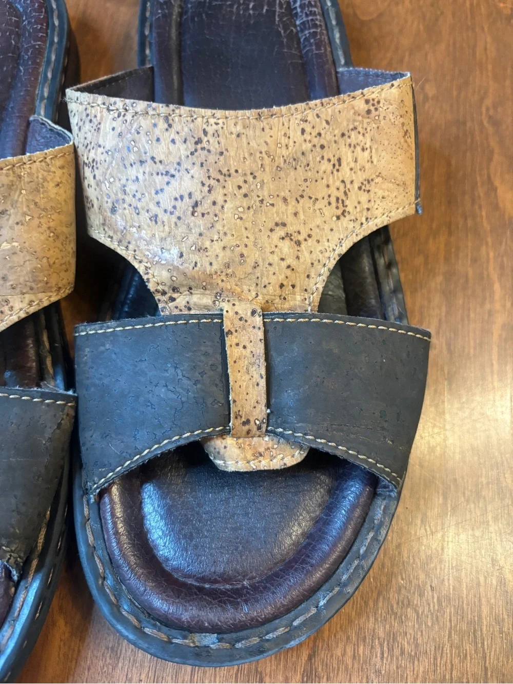 Two-Tone Cork & Dark Brown Leather Slide Sandals